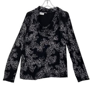 Chico's Travelers Slinky Knit Top Size XL Black Silver Floral Stretchy Blouse